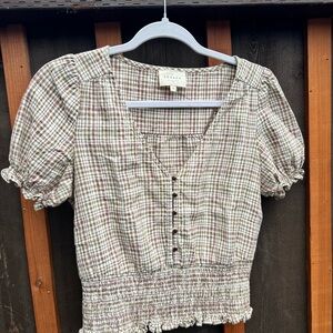 Sezane Short Sleeve Blouse - Brown and Cream